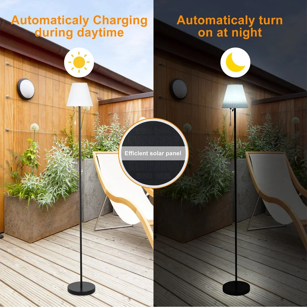 Solar Powered USB Charging Outdoor Floor Lamp for Patio Waterproof Rechargeable Cordless Solar Floor Lamp with Light Sensor