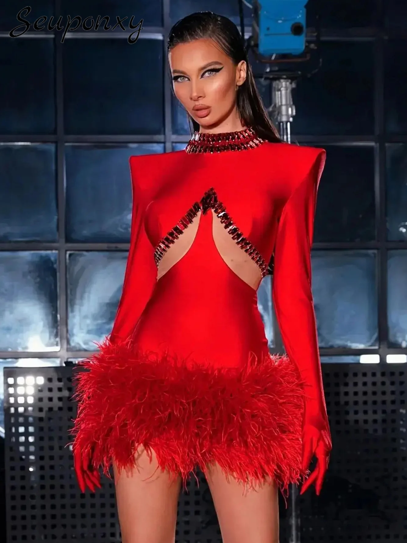 

High Quality Christmas Women'S Sexy Long Sleeved Diamond Feather Mini Bandage Dress Nightclub Party Cocktail Dress Vestidos