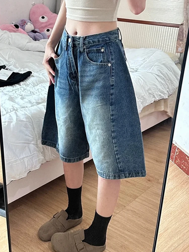 กางเกงยีนส์ทรงเอไลน์สีน้ำเงินเอวสูงขาตรงสำหรับผู้หญิงไซส์พลัส ทรงหลวม ขาบาน ความยาวห้าส่วน ช่วยให้ดูผอมลง เหมาะสำหรับฤดูใบไม้ร่วง