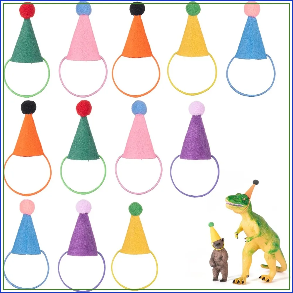 12Pcs Mini Party Hats for Stuffed Animals Figures Toys Dinosaur Tiny Hats Crafts Doll Party Decor Adjustable Cone Hat with Tinsel Pom Pom Birthday Cake Toppers