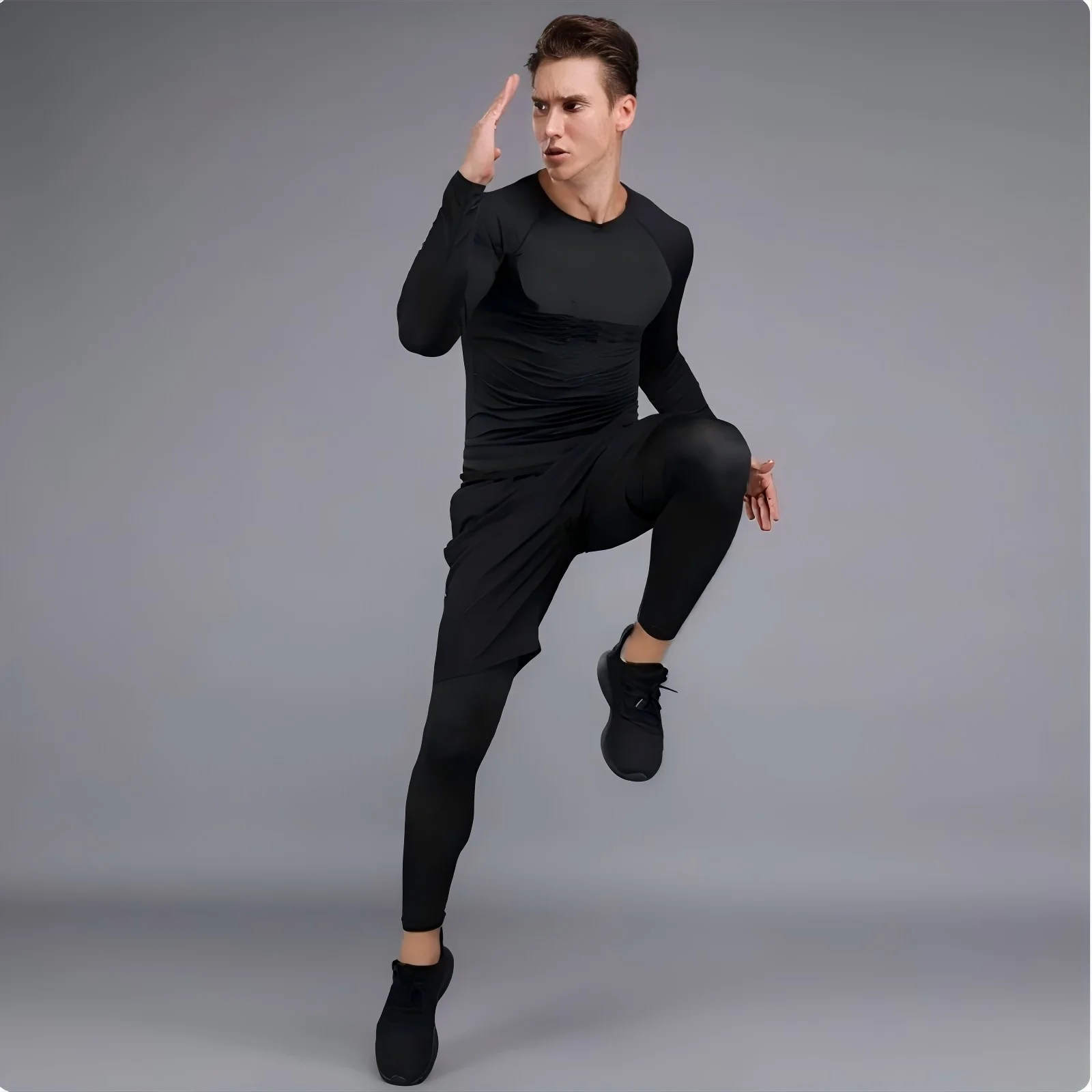 

2025 New Men tight fitting long sleeved pants set for autumn and winter, men fitness pants shirt, running, yoga, athlete sports