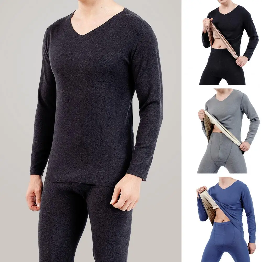 Men Top Trousers Set Soft Plush Winter Underwear Set Double-sided Heating Skinny Elastic V Neck Long Sleeve Pajamas for Men