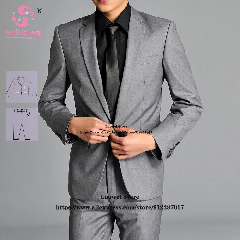 

Fashion Grey Slim Fit Suits For Men Customized 2 Piece Pants Set Formal Grooms Wedding Tuxedos Blazer Costume Homme Pour Mariage