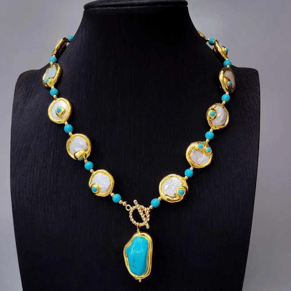 23x32mm Blue Turquoise pendant Cultured White Coin Pearl  Choker Collier Necklace Designer Jewelry