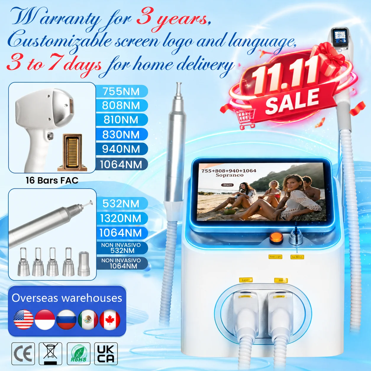 Professional 2IN1 Diode Laser 5000w 4Waves 16 Bars Hair Removal Machine Picosecond Qswitch ND YAG 1064NM Tattoo Removal Machine
