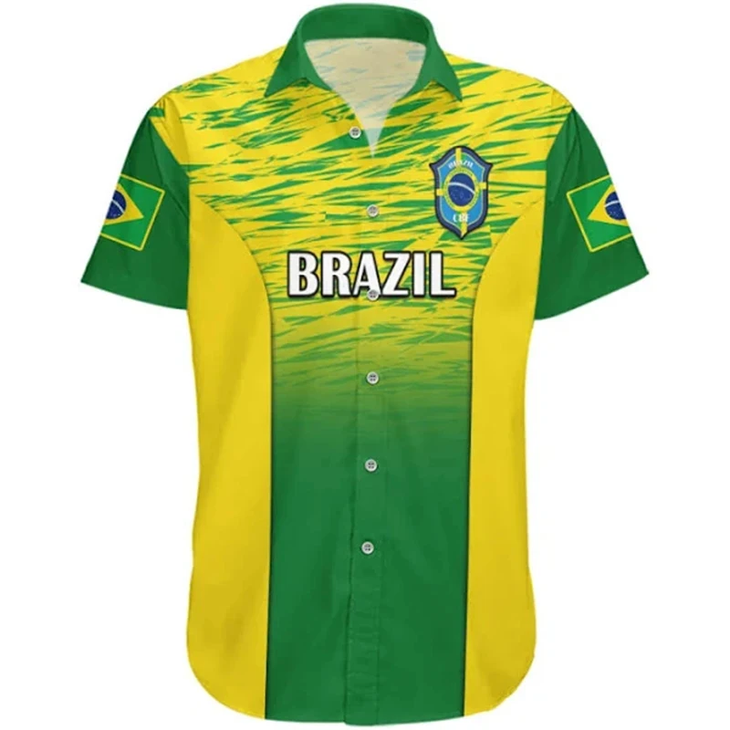 3D Printed Brazil Flag Graphic Shirts For Men Casual Brazilian National Emblem Short Sleeve Hawaii Tshirt Mens Lapel Blouse