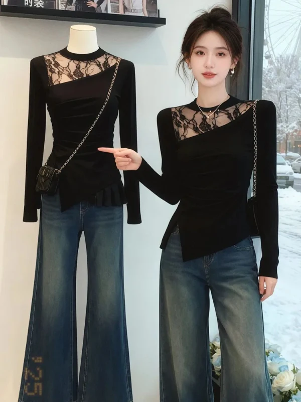 

Женская сексуальная облегающая базовая футболка больших размеров с кружевными вставками и вырезами, с длинным рукавом, круглым вырезом, новая зимняя модель