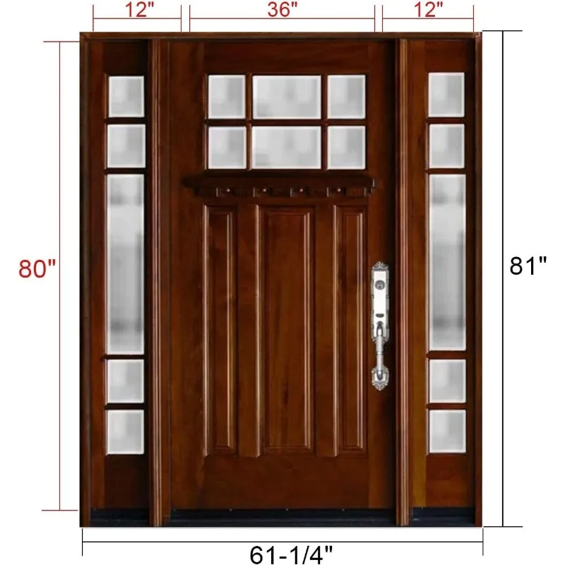 باب دخول خشبي على طراز حرفي مع مصابيح جانبية مقاس 12 بوصة، أرجوحة يدوية يسارية مسبقة التشطيب
