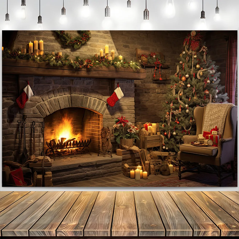 

Festive New Year Background Homely Atmosphere Fireplace With Christmas Tree Presents Wreath Archway Photography Backdrops DC-24