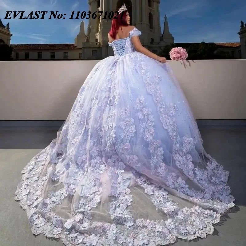 EVLAST Glitter Blue Quinnceanera Dress Ball Gown Shiny Floral Applique Beading Mexican Corset Sweet 16 Vestidos De 15 Anos SQ561