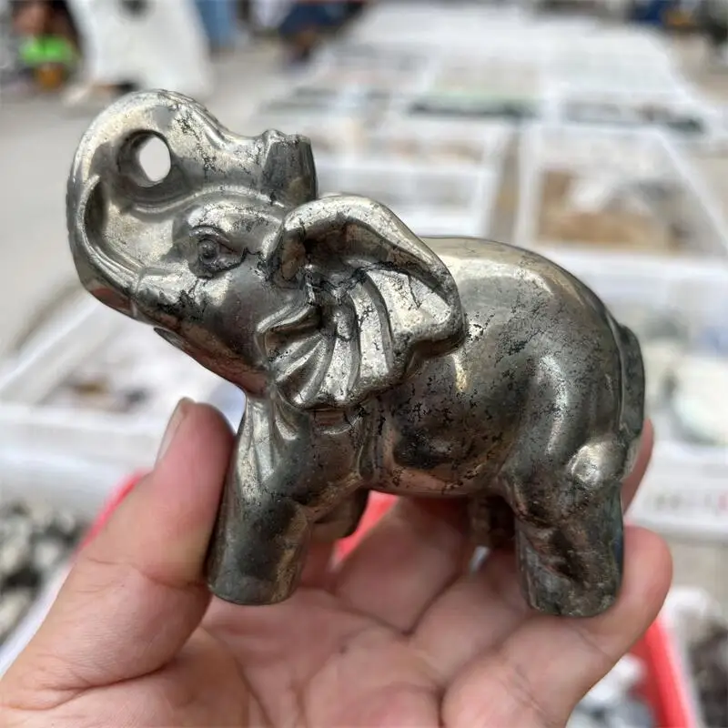 

10CM Natural Pyrite Elephant carving Crystal Fortune Statue Fortune Money Good Luck Room Decor Gift 1PCS