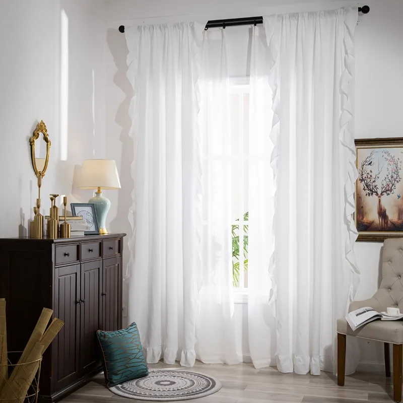 2Panel White Ruffle Curtains Bedroom Living Room Soft Fabric Rod Pocket Light Filtering Curtain for Bedroom Window Privacy Decor