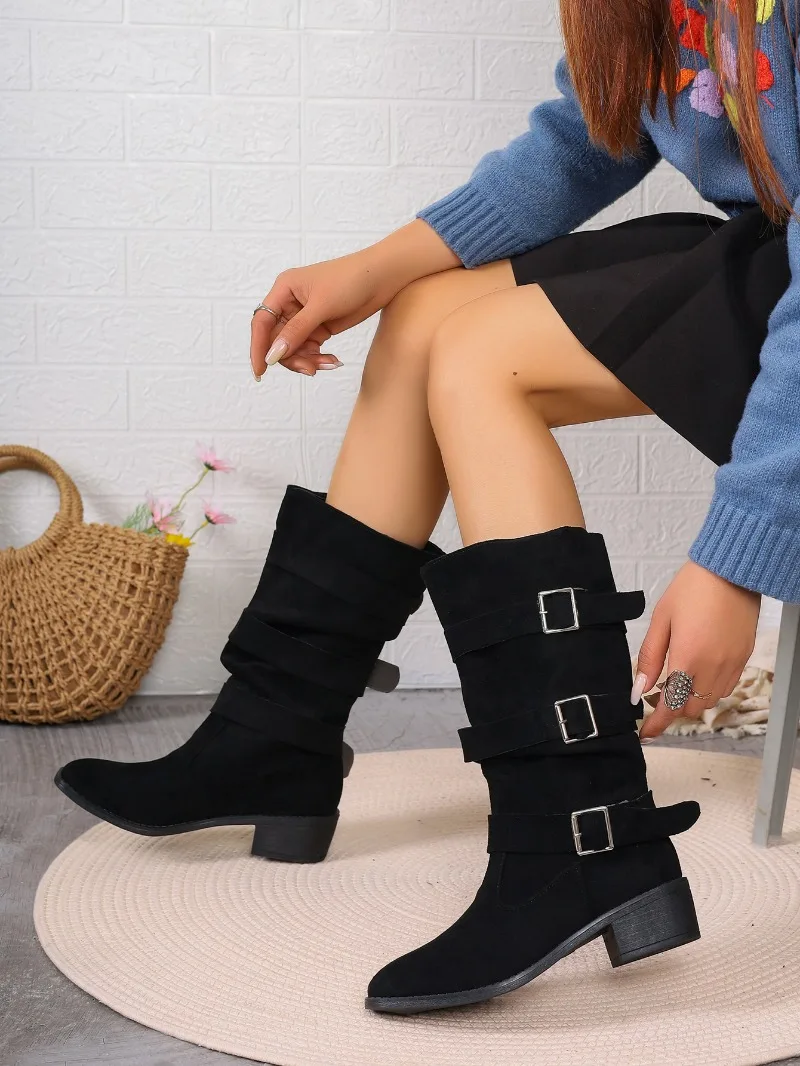 Botas de chimenea de tamaño medio para mujer, botas de cabeza redonda, tacón bajo y grueso, gran tamaño, gran oferta, Otoño e Invierno