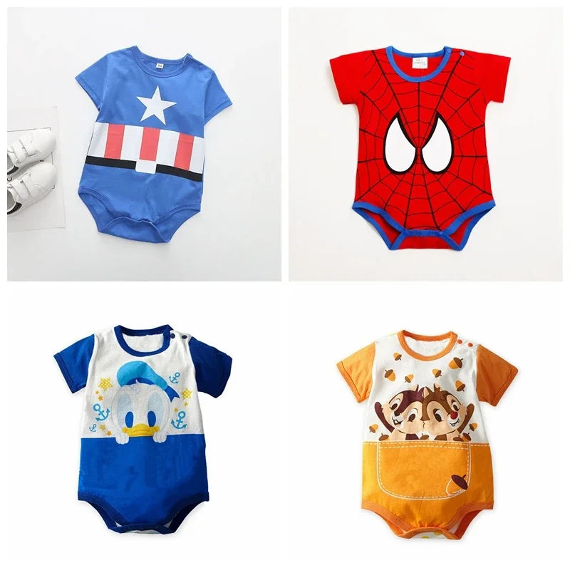 Summer Baby Boys Rompers Cartoon Spiderman Donald Captain America Newborn Girls Short Sleeve Cotton Infant Jumpsuit Kids Clothes