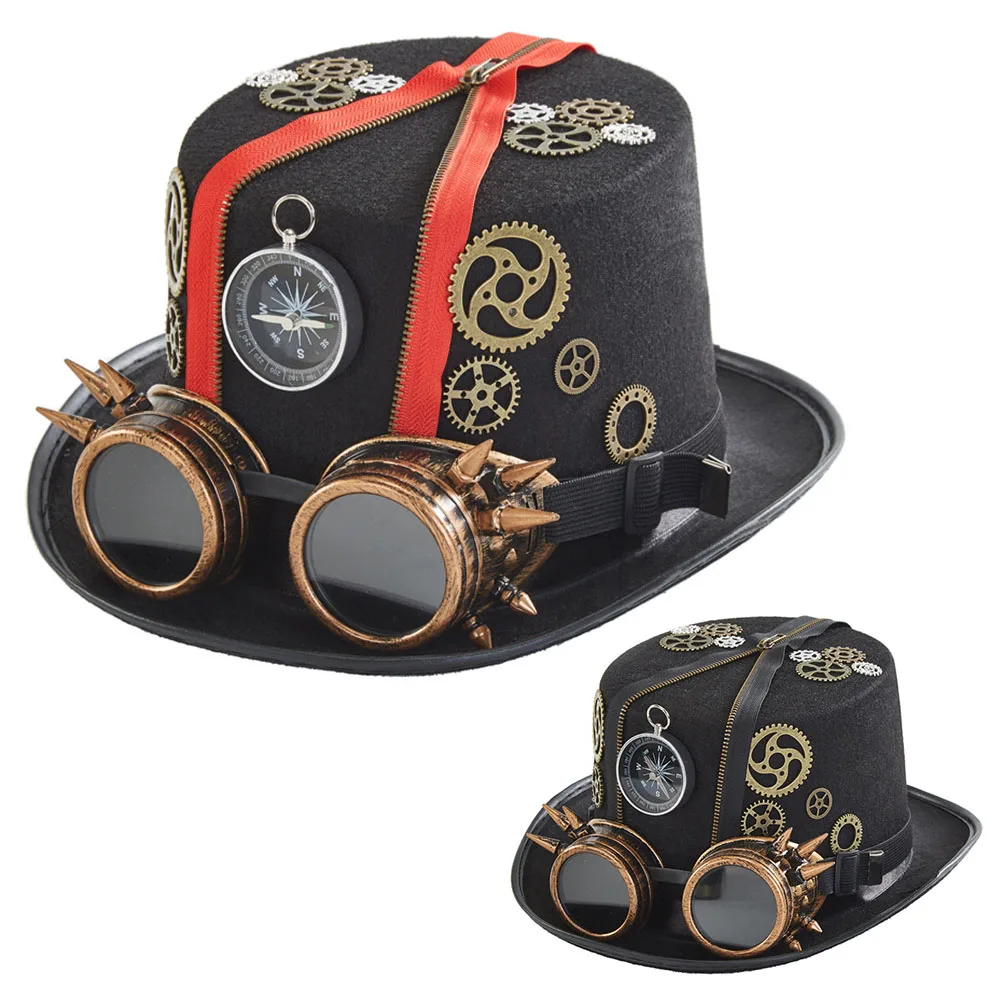 New Gothic Steampunk Hats Retro Costume Cosplay Top Hat Women Men Removable Goggles Dress Up Accessories Time Traveler Costume