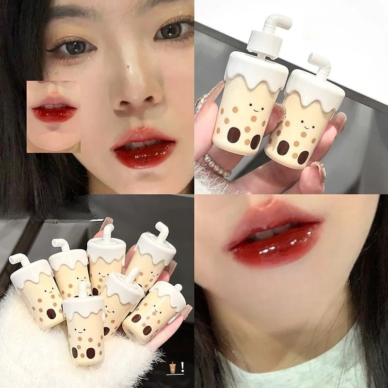 Water Gloss Lip Glaze Pearl Milk Tea Cute Design Mirror Shine Hydrating for Students Affordable Daily Makeup Portable