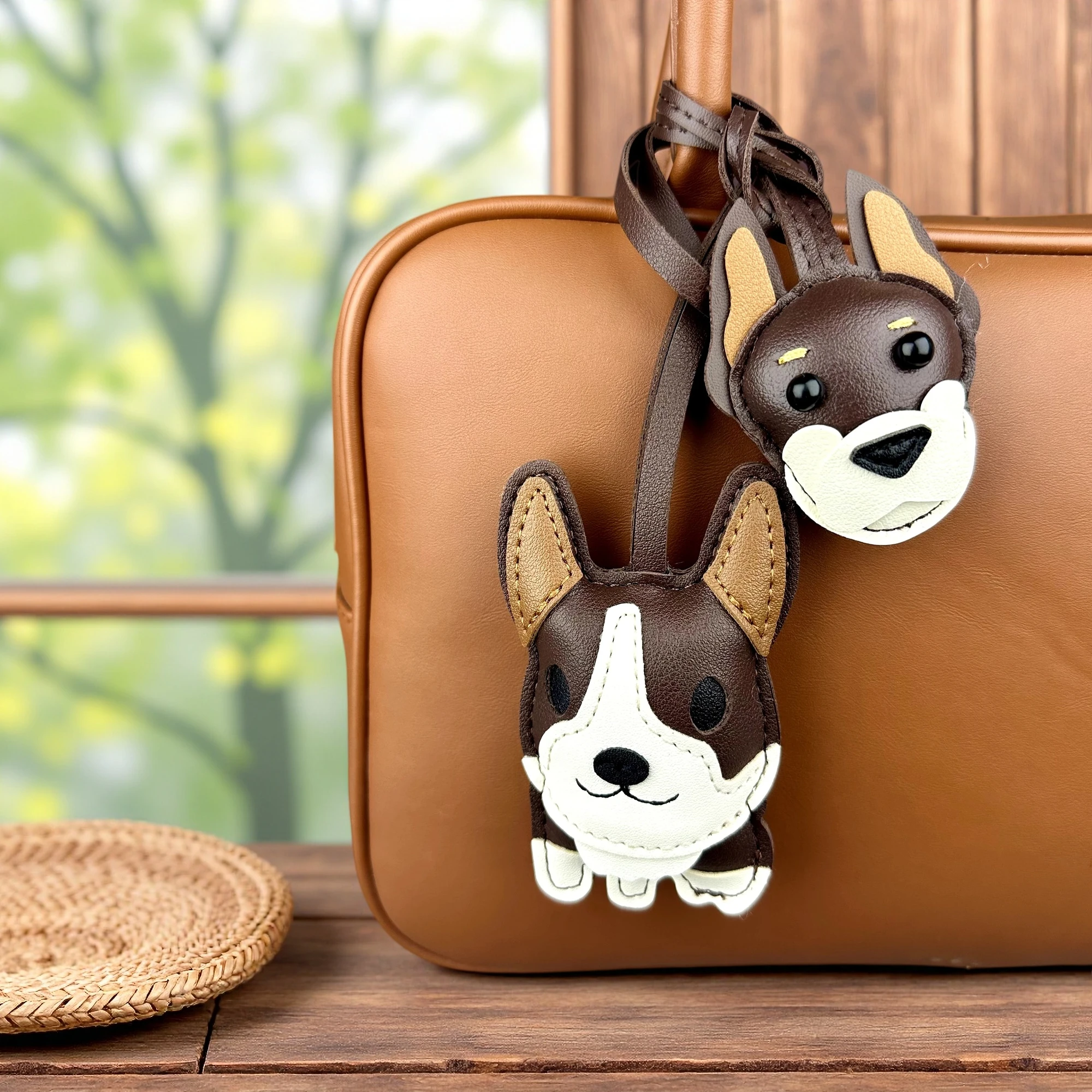 Chocolate Brown PU Leather Dog Bag Charms-Schnauzer French Bulldog Doberman Corgi Pendant for Bags, Perfect Gift for Dog Owners