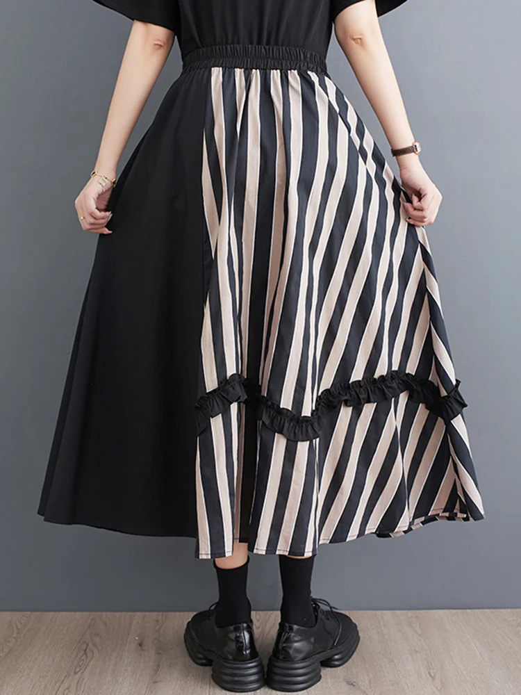 Striped Patchwork Floral Skirt Women Black Vintage High Waist Korean Fashion Loose Casual Long Skirts Clothes New Summer 2024