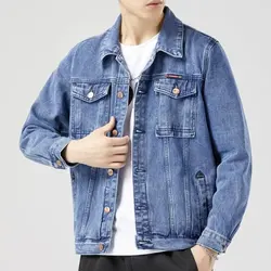 Chaqueta vaquera negra de algodón para hombre, abrigo informal, ajustado, lavado Retro, clásico, azul, 2024