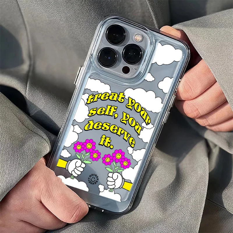 Ins Treat Yourself Smile Case For Iphone 11 12 13 14 15 Pro Max Soft Border Space Shell 15 Plus X XR XS Acrylic Shockproof Cover