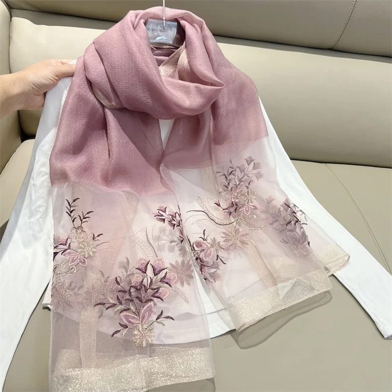 Large Silk Wool Scarf Fashon Beach Shawl Wraps Women Neckerchief Embroidery Female Foulard Stoles Bandana Hijab Scarves poncho