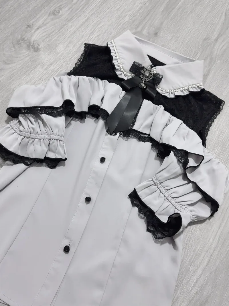 2025 Summer Pearl Collar Off-the-shoulder Short-sleeved Shirt Japanese SC Sweet And Cute Single-breasted Blouse Women's Clothing