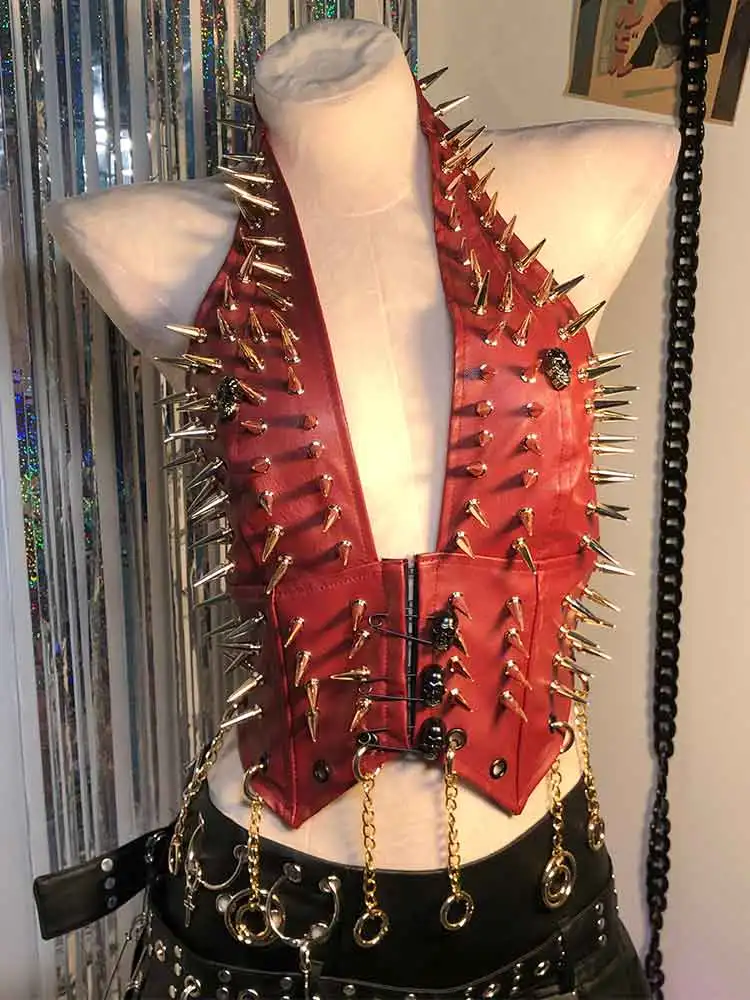 

E-Girls Eco Punk Rock Y2K Halter Camisole TOPS Hip Hop Grunge Studded Rivet PU Leather Emo Pin Gothic Goth Kawaii Harajuku