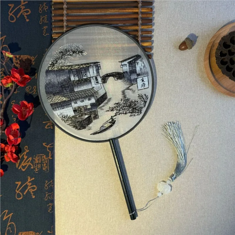 Suzhou Embroidered Fan Double Sided Ancient Style Round Fan Landscape Jiangnan Wuzhen Embroidered Fan West Lake Pattern FanZJ123