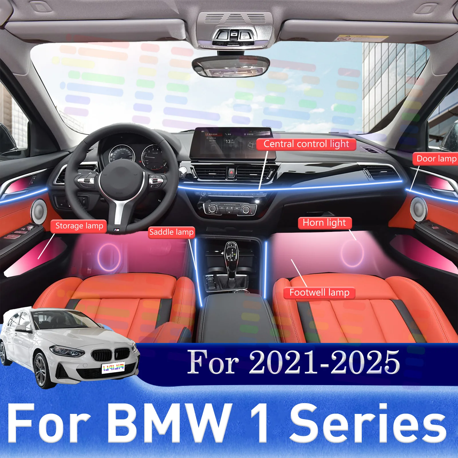 18 In1 for BMW 1series F40 F7 Car LED Ambient Lamps Colorful Atmosphere Lights Auto Interior Neon Strip  64 RGB Lighting 12V APP