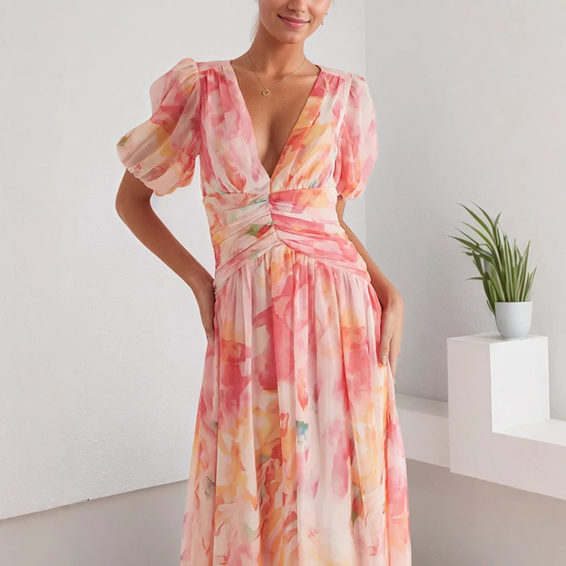 Vestido largo de gasa estilo vacaciones de cintura alta elegante vestido estampado de manga corta con cuello en V novedad de verano vestidos plisados con dobladillo grande para mujer