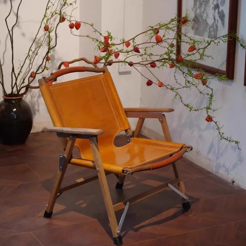 Outdoor camping folding chair first layer cowhide beach lounge chair foldable