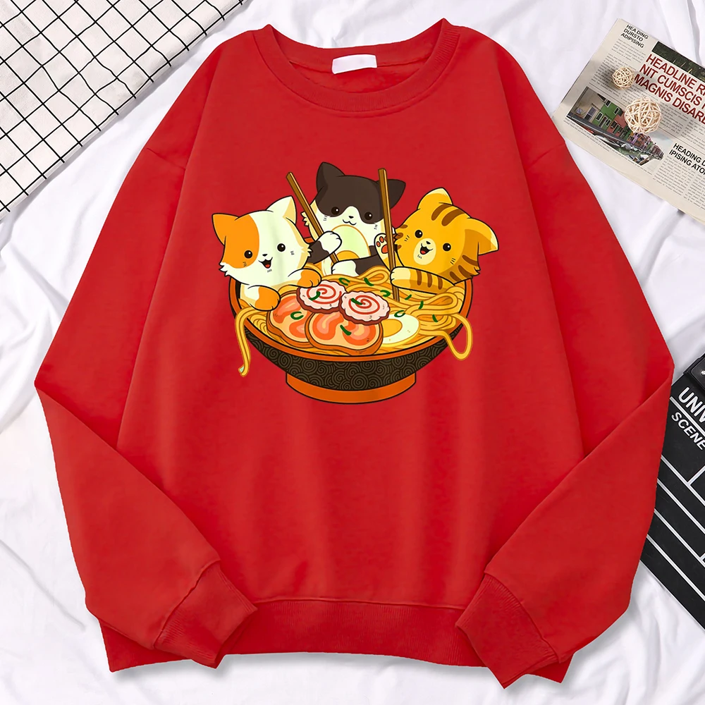 Simple Kawaii Sweatshirt For Women Anime Cats Eating Japanese Ramen Noodles Print Hoodies Loose Warm Pullover Crewneck Clothes