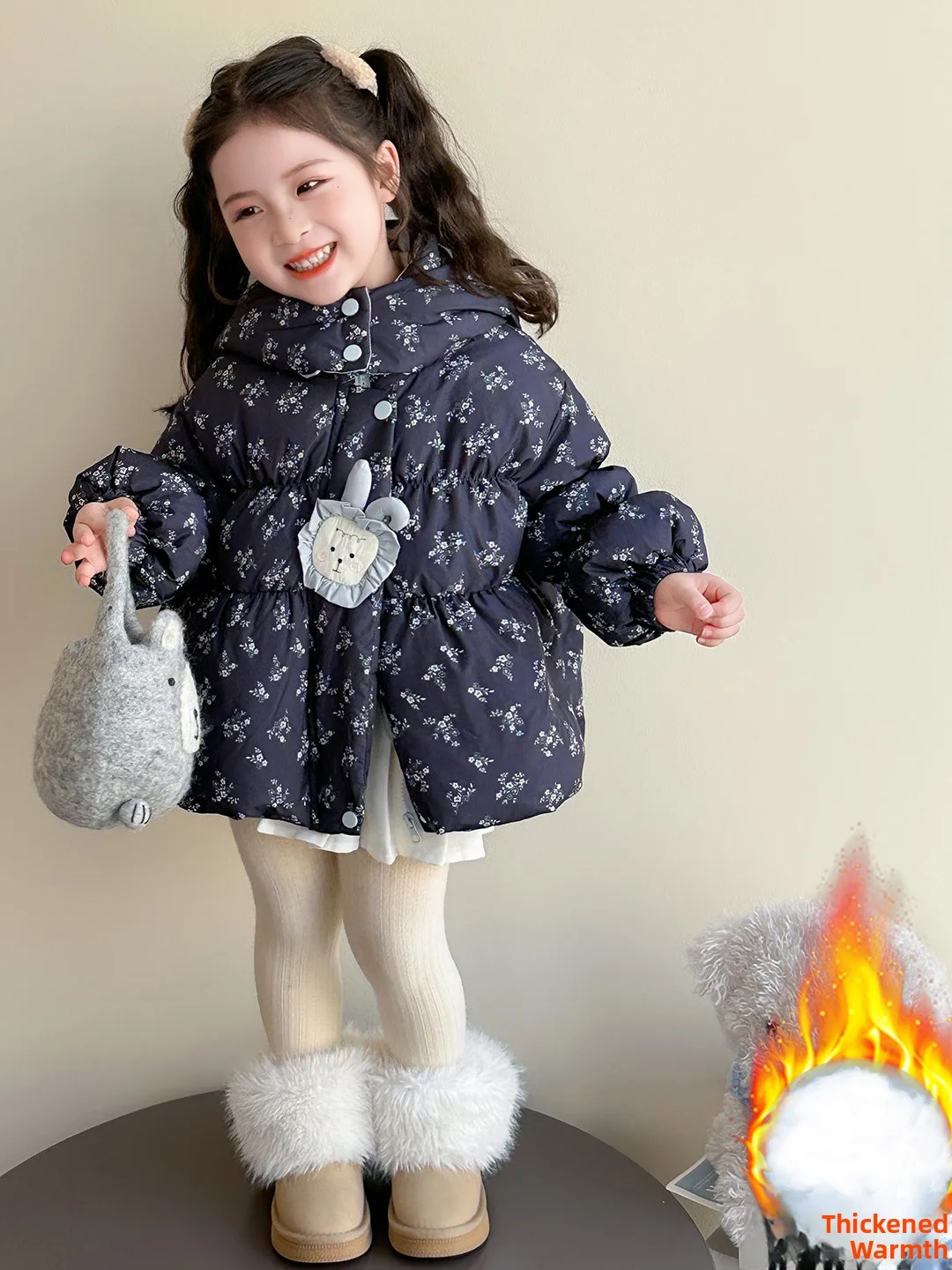 

Thiened Cotton Jaet for Girls Winter Warm Coat with Rabbit Ear Print Floral Design Baby Girl's Outerwear Coat Zipper Closure