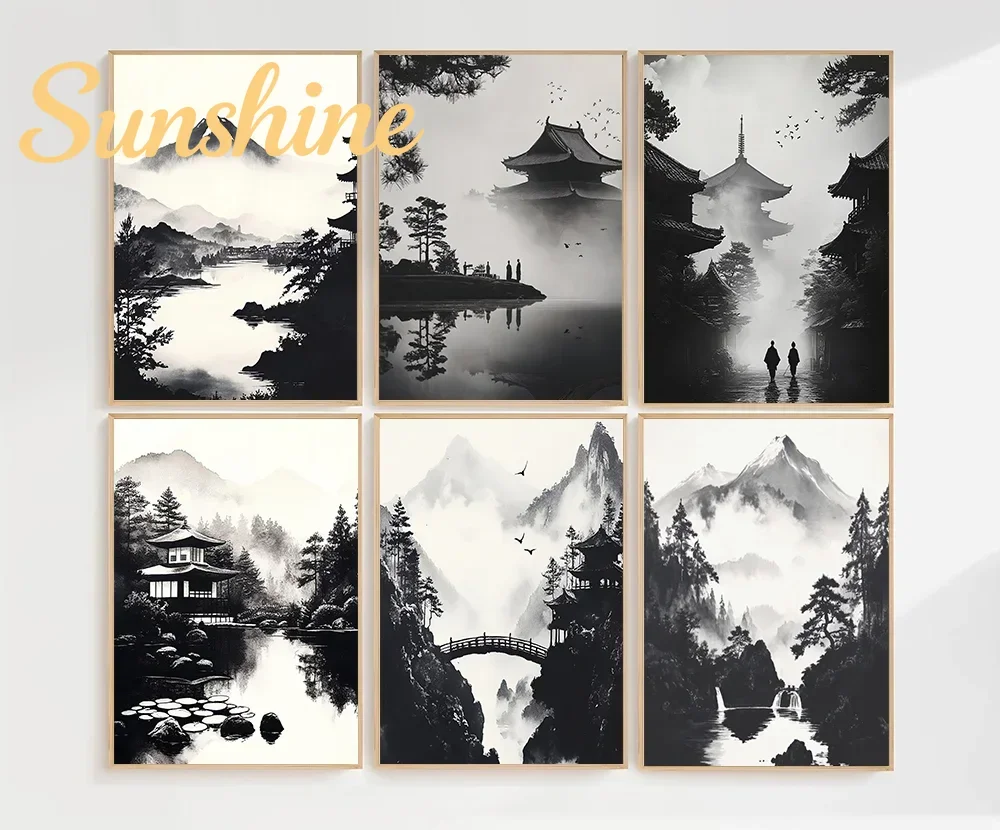 (No frame)Monks by Pagoda Reflecting on Misty Lake Black and White Zen Art Minimalist Chinese Style Pavilion Poster Serene Pe