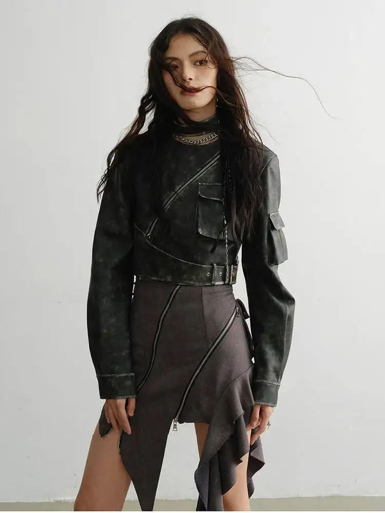 

HUISONG винтажная короткая куртка из искусственной кожи с зеленым карманом, новая женская куртка с воротником-стойкой и длинными рукавами, модное весенне-осеннее пальто 2025