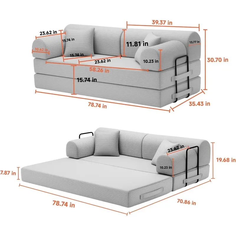 4-in-1 Folding Convertible Sofa Bed 78 Oversized Loveseat Sleeper with Pull Out Bed Corduroy Upholstered Boneless Apartment