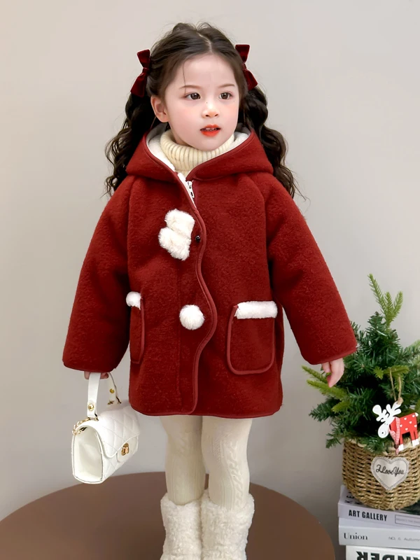 

Thiened Fce Girls Coat Autumn Winter Baby Red Woolen Celebra Children New Year Outfit Woolen Coat Korean Sle Stand...