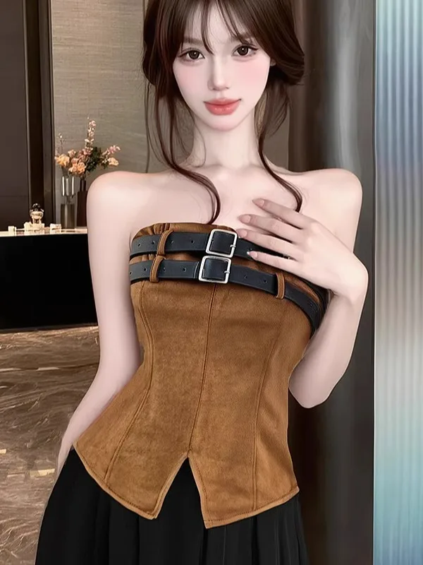 

Сексуальный ретро-топ без бретелек с открытыми плечами для женщин, короткий, с разрезом, без бретелек, модный уличный стиль, бренд Nicole Rose