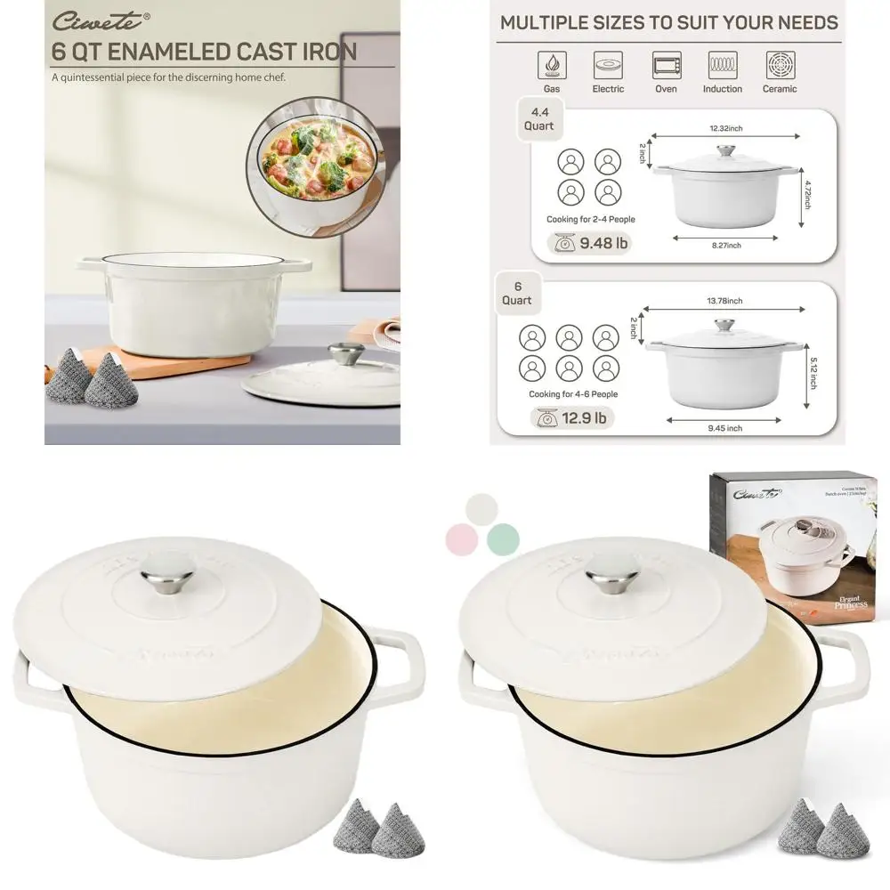 فرن هولندي من الحديد الزهر المطلي بالمينا، 6 كوارت، أبيض فاتح، آمن للفرن، مثالي لخبز الخبز والطهي، مع غطاء ومقابض مزدوجة