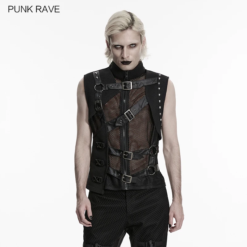 PUNK RAVE Men's Punk Rock Asymmetrical Honeycomb Thick Mesh & Regular  Fake Two-piece Vest Metal Buckles Powerful Dark Tops