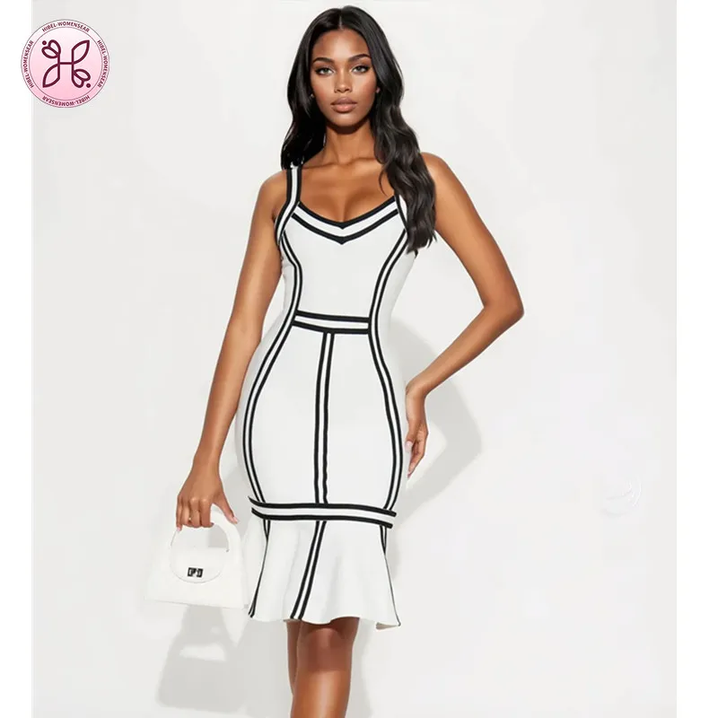 

2025 Black/White Bandage Dress - Office Chic Bodycon Midi (Women's Elegant High Street Gown)