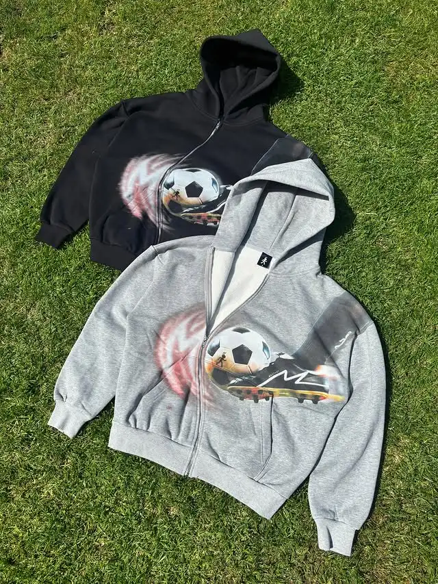 Y2K Muta Zip Up Hoodie Oversized Football Graphic Printed Curved Design Sweatsh…