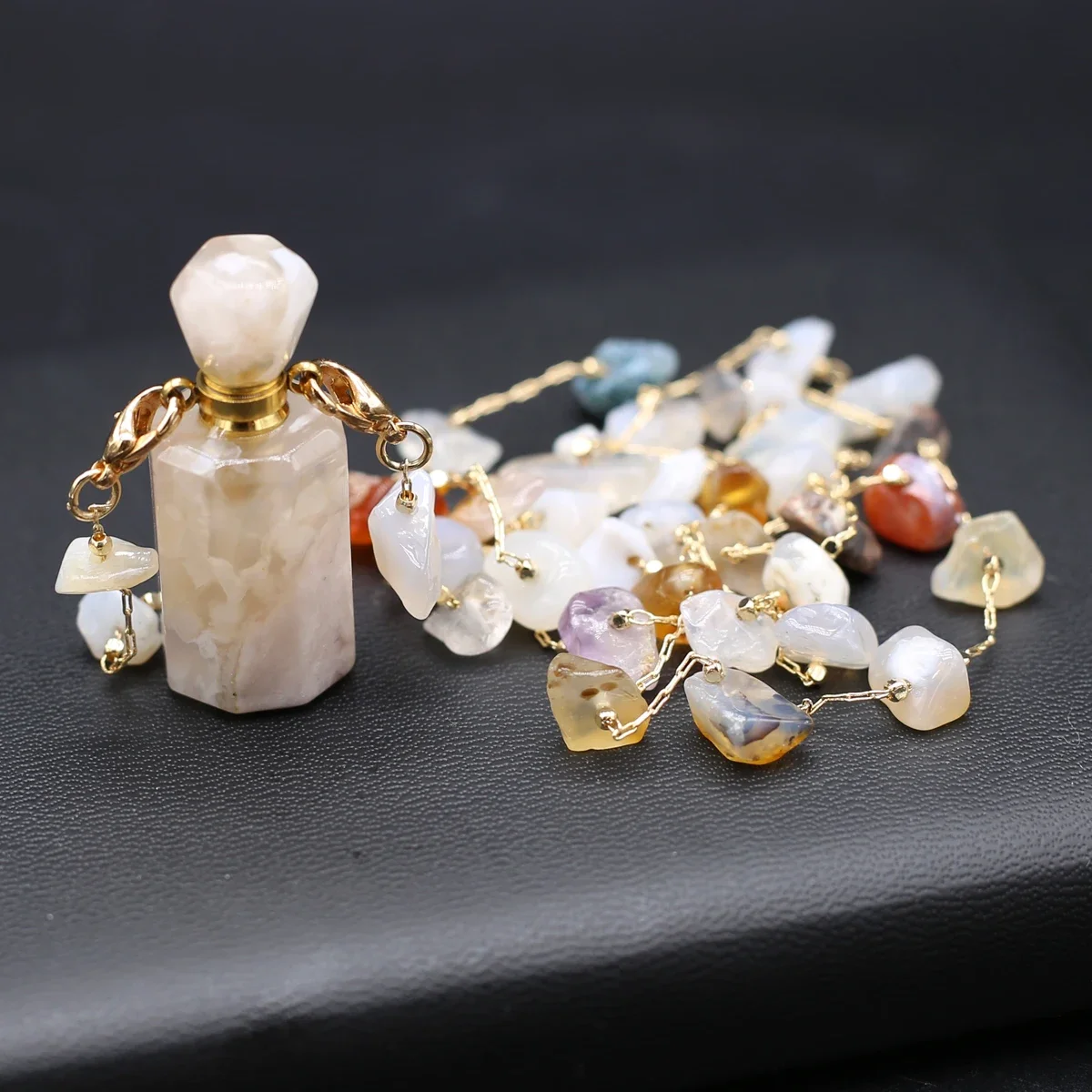 Natural Stone Cherry Flower Agate perfume Bottle Essential Oil Diffuser Pendant Necklace Gravel Chain Exquisite Gift for Women