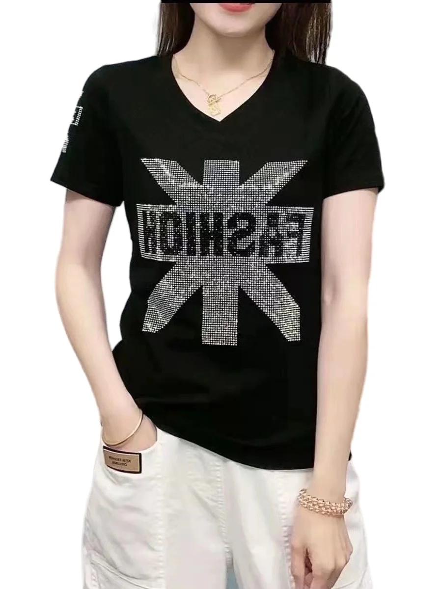 

6XL Women Summer Spring Blouses Shirts Lady Fashion Casual Short V-Neck Collar Sequins Printing T-shirt Blusas Tops WY0743