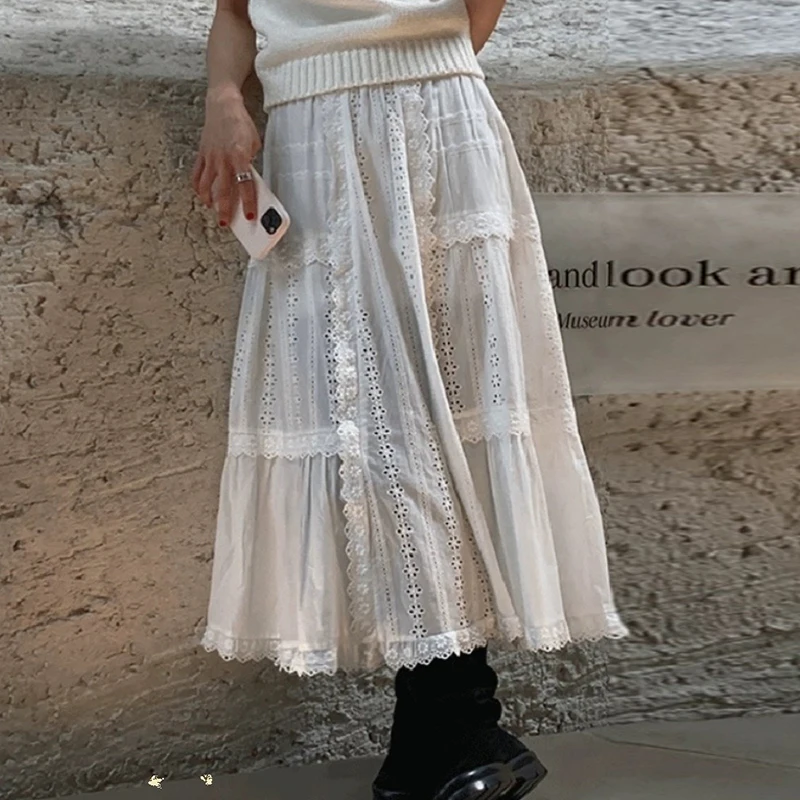 

Chic High Waist A-Line Long Skirt Spring Gentle Slimming Versatile Lace Body Skirt Commute Korean Sle Other Material
