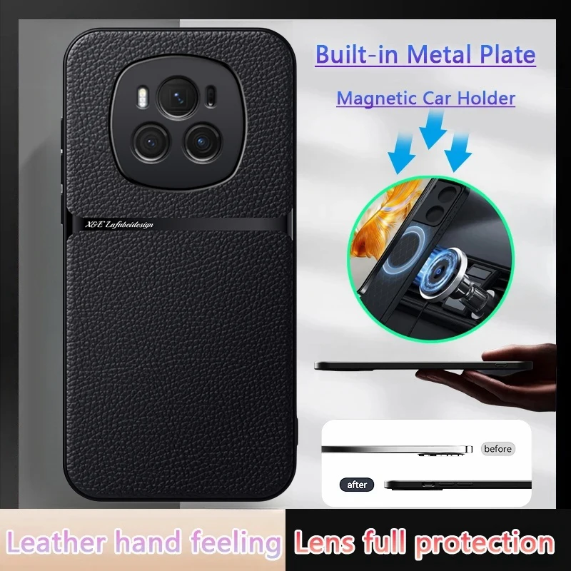 For Honor Magic 6 Pro Case Leather Magnetic Car Holder Phone Cases For Magic6 6Pro 5G Soft Frame Shockproof Protect Back Cover