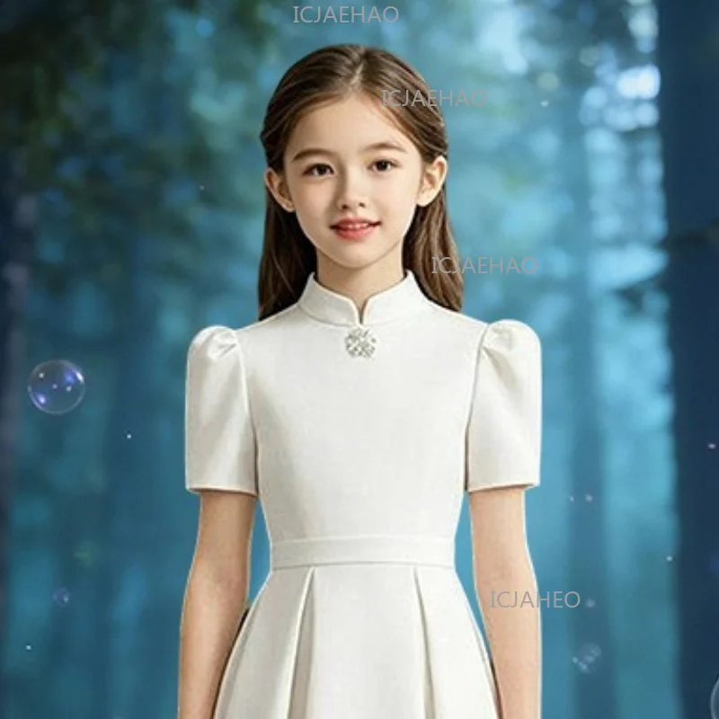 2026 Princess Gown Host Piano Performance Pageant Clothes Children Girls Simple Formal Dress Chinese Style White Satin Birthday