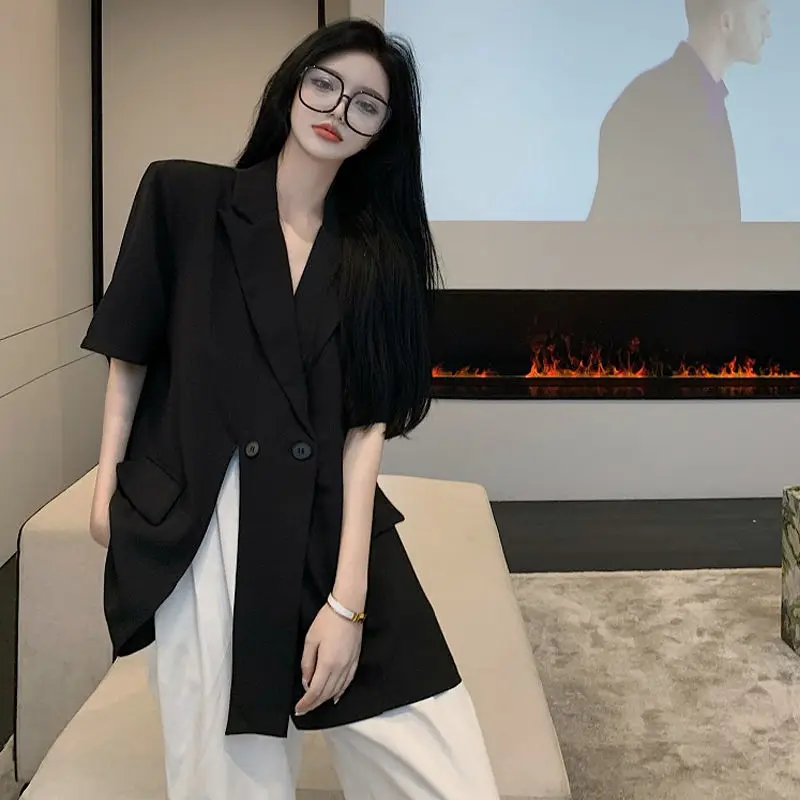 Women Solid Short Sleeve Blazer Jacket Vest Loose Fit Casual Summer Split Jacket Irregular Design Solid Coat