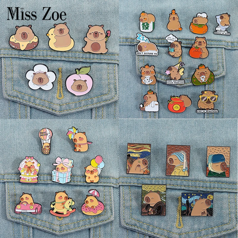 4-8 TEILE/SATZ Emaille Pins Benutzerdefinierte Nette Capybara Ölgemälde Broschen Revers Abzeichen Kleidung Tier Schmuck Geschenk für Kinder Freunde