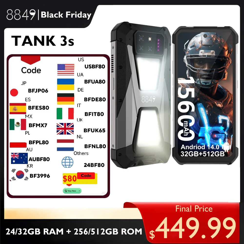 8849 Tank 3S Unihertz Rugged Smartphone with Projector 5G 12/16GB RAM 256/512GB ROM Dimensity 8200 64MP Night Vision Dual Sim